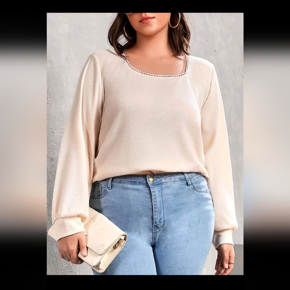 Frenchy Guipure Lace Trim Lantern Sleeve Tee